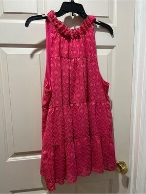 indigo soul Bright Pink Sleeveless Ruffled Neck Tiered Blouse